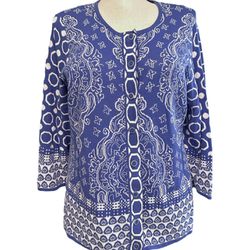 Isaac Mizrahi Live! Women’s Blue Geometric Long Sleeve Cotton Blouse Size XL