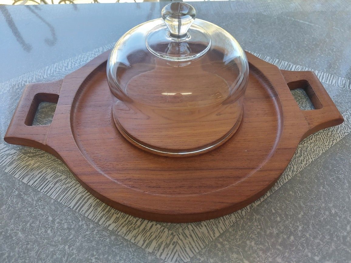 Vintage Genuine Teak Julie Pomerantz Cheese Board with Glass Dome.