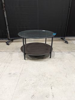 Contemporary Round Glass Top Coffee Table with Dark Wood Base