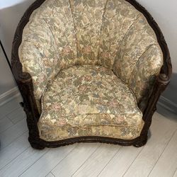 Antique Carved Barrel Chair – Floral Tapestry Upholstery