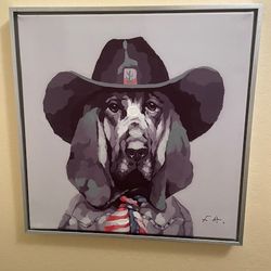 Cowboy Hound Dog Wall Painting Oil On Canvas 18”x18” Aluminum Frame
