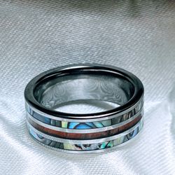 Tungsten Wedding Ring With Hawaiian Koa Wood and Abalone, 8mm