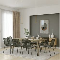 BRAND NEW 9 Piece Rectangular Acacia Wood Table With Aluminum & Rope Black Chairs Dining Set
