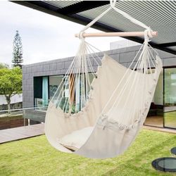 ONCLOUD Hanging Rope Hammock Chair Swing Seat for Yard, Bedroom, Patio, Porch, Indoor/Outdoor - 2 Seat Cushions Included (Beige)