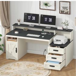 Farmhouse Computer Desk with Drawers and Monitor Shelf