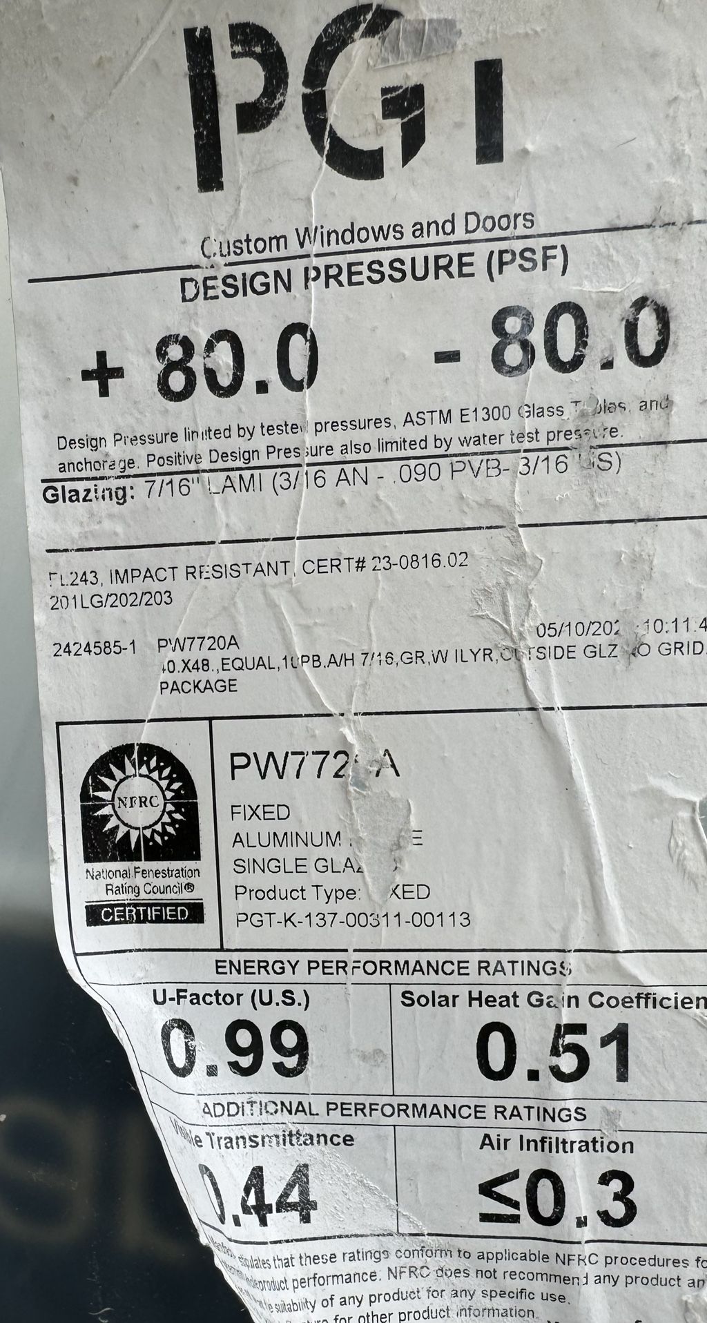 40x48 PGT Fixed Impact Window Business equipment