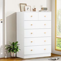 White 6 Drawer Dresser, Modern Storage Wide Chest of Drawer,