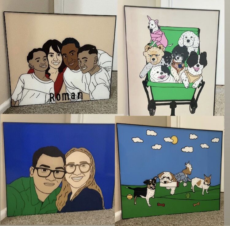Glass Paintings Family, Friends, Pets, Anime & Cartoon Portraits Available LOCATED IN COVINA