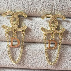 Gold S925 Post Earrings With Stone And Chain Attached At The Bottom