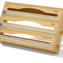 Foil and Plastic wrap Organizer ,3 in 1 Plastic wrap Dispenser with Cutter for Kitchen Drawer,Bamboo