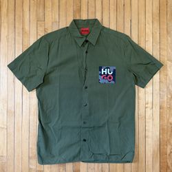 HUGO Boss Button Shirt Short Sleeve Straight Fit Sport Olive Green Men's Sz. M