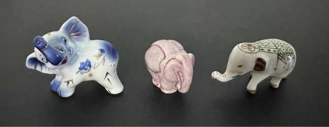 Vintage Miniature Elephant Figurines – Set of 3 (Porcelain, Carved Stone, Ceramic) just $10 for All
