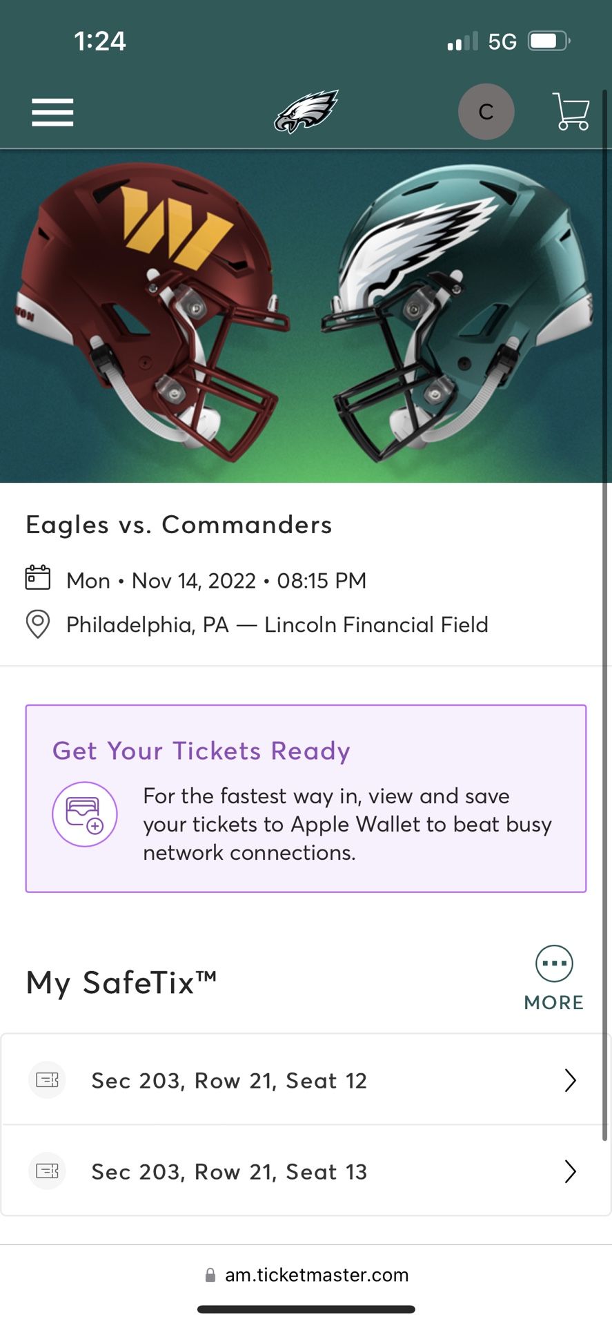 2 tickets to Eagles vs. Redskins