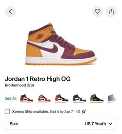 Jordan 1 Retro High OG “Brotherhood” (GS) – Size 7Y