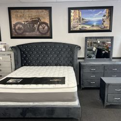 4PC Gray Velvet King Bedroom Set 🔥SALE🔥