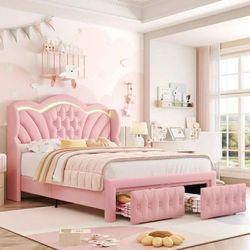 Queen Bed Frame with 2 Drawers, LED Lights Platform Bed Frame, Sturdy Beds Frame with Upholstered Button Tufted Headboard, Velvet Pink