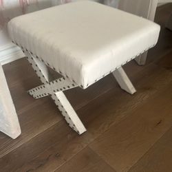 Canvas Bench  beige With Aged Brass Nailheads