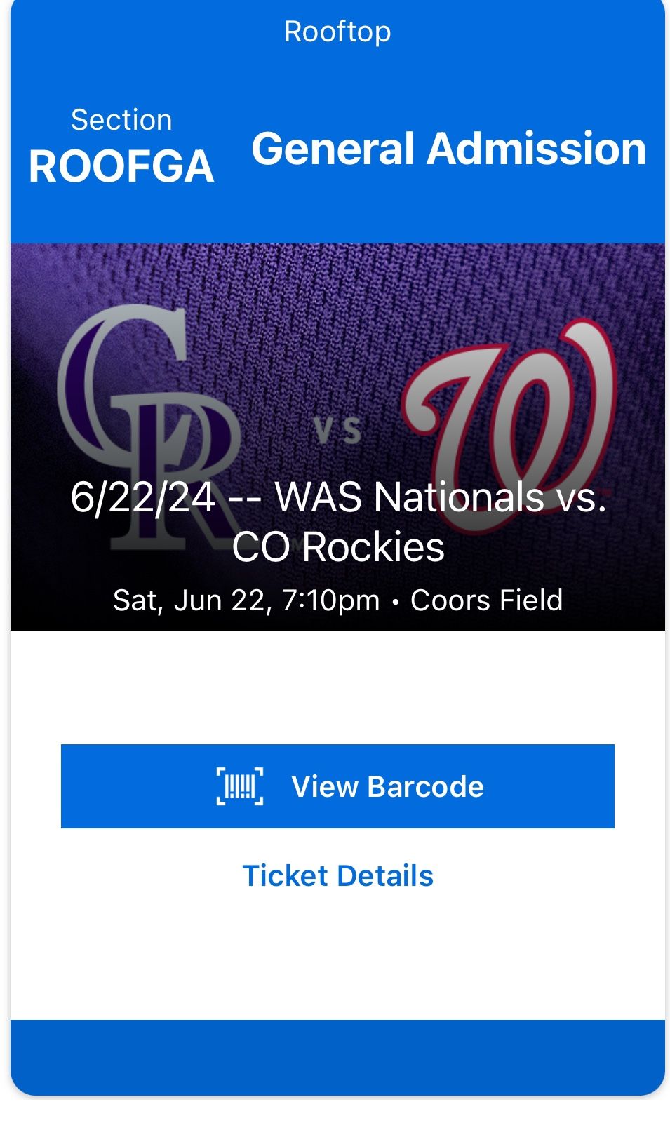 Rockies Rooftop Ticket 6/22 $25