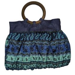 Woven Straw Fabric Blue Green Paisley Handbag Wood Ring Handles Snap Close NWOT