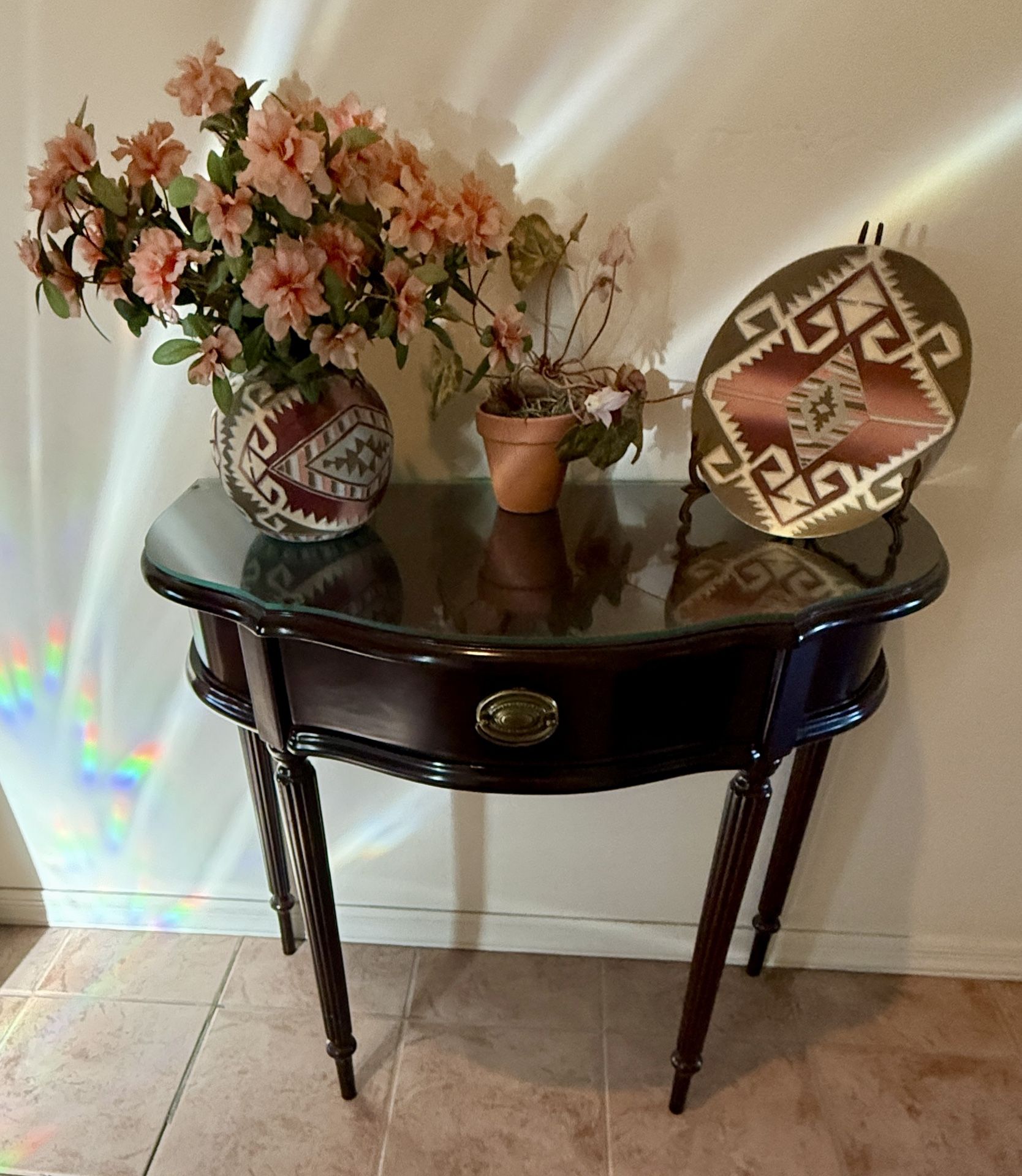 Vintage Bombay Company Council Table/Demilune Table 31” W 30” H 16” D Glass Top