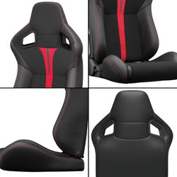 2PC New Universal Bucket Racing Seats Red Stitch Red PVC Leather Reclinable Carbon Look Leather Back With Adjustor Slider(Not Including Seat Bracket )