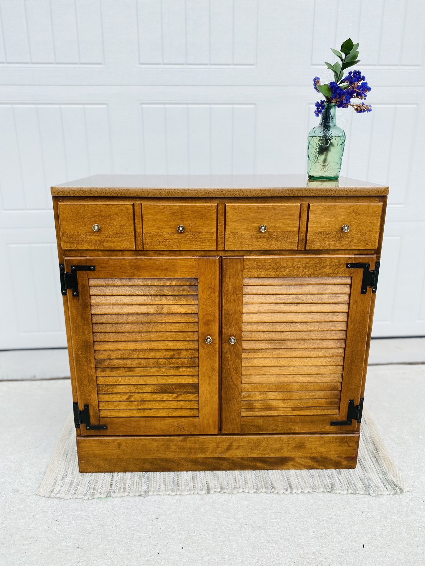 Mid Century Modern Ethan Allen Heirloom Nutmeg Maple Cabinet Louvered Shutter Doors