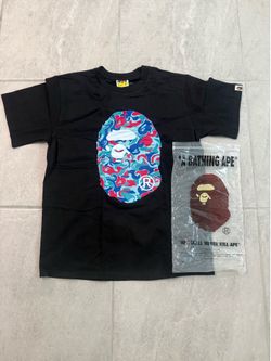 BAPE black tee with blue and red design
