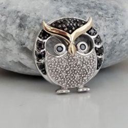 🦉 So Cute!! 10k Solid Gold, Sterling Silver Black And White Diamonds Pendant, BEAUTIFUL!!