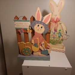 2 wooden hand painted easter bunnies
