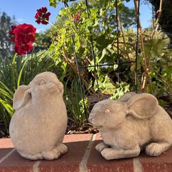 Vintage Set 2 Charming weathered garden Art rabbit statues Concrete textured stone Heavy Bunny Small