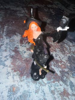 Halloween Witch Figurine with Orange Hair, Black Cat, and Owl on Broom