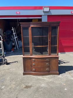 Vintage Wood China Cabinet with Glass Doors
