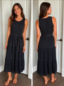 For Cynthia Black Sleeveless Tiered Maxi Dress with Waist Tie NEW XL