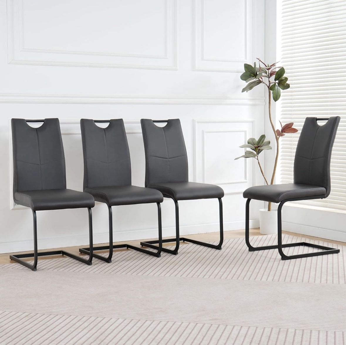 Set Of 4  - Dark Gray Modern Faux Leather High Back Dining Chairs w/ Black Legs [NEW]