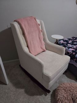 Beige Upholstered Rocker / Nursery Chair – Great Construction but w/Stains