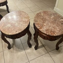 Set of 2 Real Marble Stone & Cherry Wood End Tables with the Coffee Table 