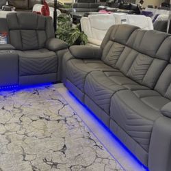 GREY LEATHER living room SET - LED’s 😍