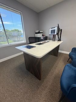 Large Office Desk Light Wood Top Dark Base