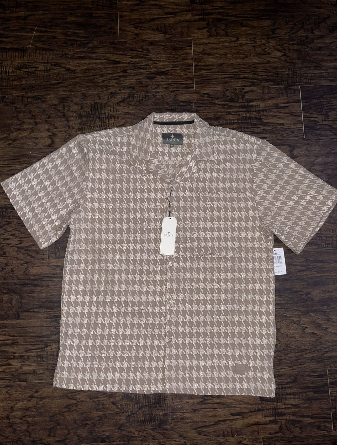 Beige Saints Textured Houndstooth Button Up Shirt