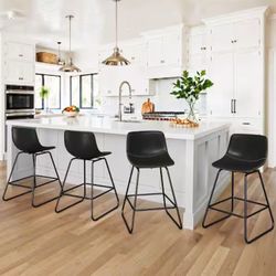 (Set of 4) Swivel Bar Stool Black Faux Leather Seat Metal Frame 24.5''  Bar Stools with Footrest and Low Back