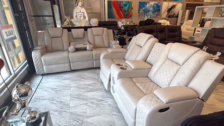 White Leather Power Recliner Sofa Set
