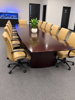 Mahogany Conference Table with 12 Leather Chairs