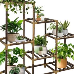 Plant Stand Indoor Plant Shelf Outdoor Wood Plant Rack for Multiple Plants 3 Tiers Ladder Plant Holder for 7 Plant Pots for Living Room Boho Home Deco