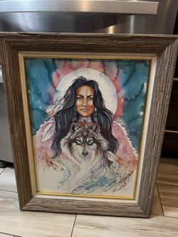Vintage JAN TAYLOR SIGNED Indian Squaw She Wolf Feather Moon In Beautiful Frame