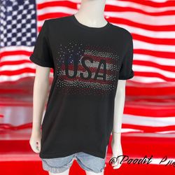 Patriotic USA rhinestone Black Loose Fit Tee Sz 3 XL