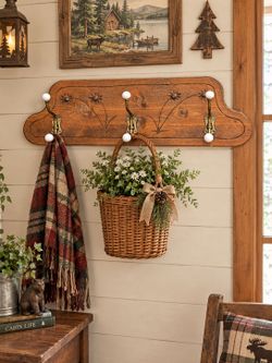 Vintage Wall Mounted Carved Wood & Brass Porcelain Knob Coat Hat Rack