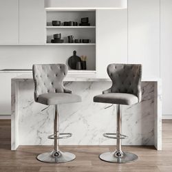 Set of 2 Adjustable Velvet Swivel Bar Stools, High Back Chairs with Nailhead Trim,Gray