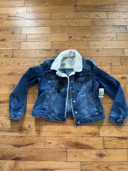 Kensie Blue Denim Jacket with Cream Sherpa Collar / Jean Jacket / Large
