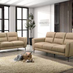 Brand New Taupe Leather Modern Style Sofa & Loveseat 