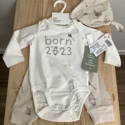 H&M Born 2023 Hippo With Kite 3-Piece Size 3-Months Baby Outfit Clothing Set, Organic Cotton, Khaki/White